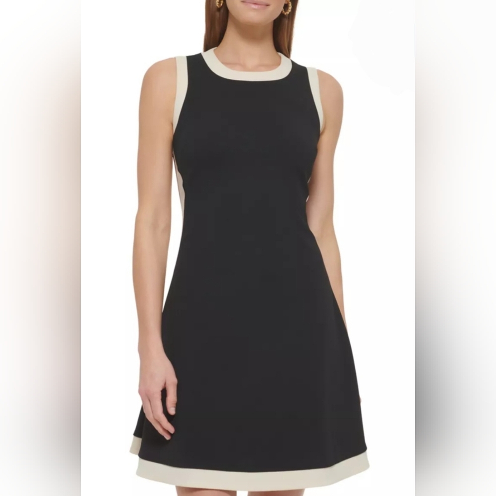 New! DKNY Black & Cream Sleeveless Back Zip Fit & Flare Knit Mini Dress 14